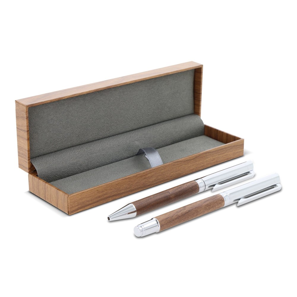 Set Kugelschreiber und Rollerball aus Metall Nussbaumholz in Geschenkbox